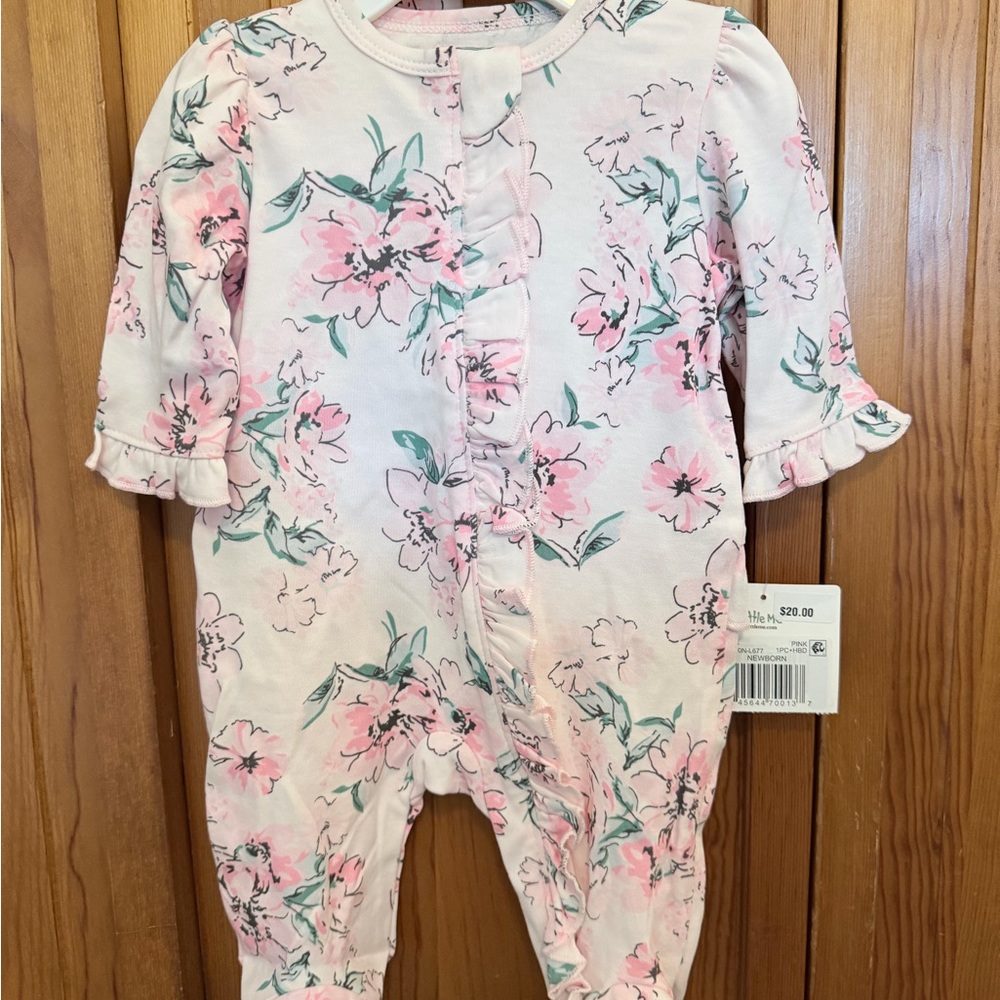 Little Me Pink and Green Floral Ruffle Footie